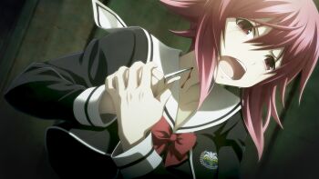 1girl black_dress blade_to_throat blood bloody_stream blush bow bowtie breasts chaos;child chaos;child_love_chu_chu!! chest_bow clenched_teeth collarbone colored_eyelashes cropped_jacket crying crying_with_eyes_open dagger dress from_below game_cg hair_between_eyes head_tilt hekiho_academy hekiho_academy_school_uniform highres holding holding_dagger holding_knife holding_own_hand holding_weapon imminent_suicide indoors knife long_sleeves looking_at_viewer non-web_source official_art onoe_serika open_mouth pink_eyes pink_hair red_bow red_bowtie sad sailor_collar sasaki_mutsumi school_emblem school_uniform science_adventure self-harm short_hair short_hair_with_long_locks sidelocks smile solo streaming_tears tears teeth tongue upper_teeth_only weapon white_sailor_collar