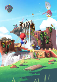  1boy 1girl ?_block aircraft airship aqua_hair arm_up block_(mario) blue_overalls brown_hair burrbo chain_chomp clenched_hands coin commentary_request dinosaur dress from_behind full_body gloves goomba grass hat highres in-universe_location jumping life-up_heart_(mario) long_sleeves madame_broode maribou_(supermaribou) mario mario_(series) nintendo odyssey_(super_mario_odyssey) open_mouth outdoors overalls power_moon rabbit_girl rainbow red_dress red_hat red_shirt red_shoes rock sharp_teeth shirt shoes short_hair sleeping super_mario_odyssey t-rex_(mario) teeth twitter_username tyrannosaurus_rex warp_pipe water waterfall white_gloves 