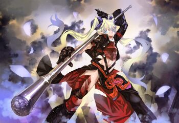  1girl arm_up armor black_horns black_jacket blue_eyes chaley_patley commentary_request curled_horns holding holding_staff horns jacket long_hair midriff open_mouth pixiv_fantasia pixiv_fantasia_last_saga pouch shinazo short_sleeves staff standing twintails very_long_hair 