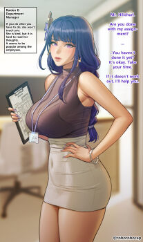  1girl absurdres alternate_breast_size_(larger) alternate_costume alternate_hair_length alternate_hairstyle alternate_universe armpits artist_name bare_arms bare_shoulders blunt_bangs blunt_ends blurry blurry_background blush bra braid breasts brown_skirt clipboard closed_mouth contemporary covered_navel dialogue_box earrings english_text genshin_impact glint hair_ornament hand_on_own_hip high-waist_skirt highres holding holding_clipboard huge_breasts indoors jewelry korean_commentary large_breasts long_hair mole mole_under_eye name_tag navel office office_lady pov purple_eyes purple_hair raiden_shogun red_lips roborobocap see-through_clothes shy single_braid skin_tight skirt solo standing thick_lips translated underwear upper_body 