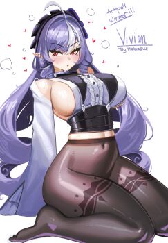  1girl :o absurdres ahoge bare_shoulders black_pantyhose blush breasts character_name commentary_request covered_navel detached_sleeves drill_hair drill_sidelocks franzilla grey_hair hair_intakes heart highres kneeling long_hair multicolored_hair no_shoes open_mouth pantyhose pointy_ears shiny_skin sideboob sidelocks simple_background sleeves_past_fingers sleeves_past_wrists solo stomach streaked_hair sweat thick_thighs thighs twintails vivian_banshee white_background white_hair zenless_zone_zero 