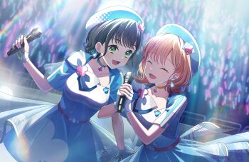  2girls beret black_hair blue_choker blue_dress blue_hat bow breasts buttons cerise_bouquet choker club_(shape) club_button collarbone cowboy_shot double-breasted dress dress_bow dutch_angle earrings fingerless_gloves flipped_hair game_cg gloves glowstick green_eyes halftone_print hat highres hinoshita_kaho holding holding_microphone jewelry link!_like!_love_live! love_live! medium_breasts medium_hair microphone momose_ginko multiple_girls my_lucky_clover non-web_source official_art orange_hair pendant_choker penlight_(glowstick) print_hat see-through_dress_layer short_hair short_sleeves stage sweatdrop teardrop_earrings virtual_youtuber white_bow white_gloves yellow_choker 