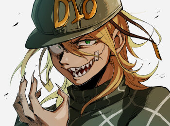  1boy bandaid bandaid_on_face blonde_hair chima_(chima_kak5) claws commentary diego_brando fingernails glasgow_smile green_eyes helmet highres jojo_no_kimyou_na_bouken long_fingernails long_hair looking_at_viewer male_focus open_mouth portrait scary_monsters_(stand) sharp_fingernails sharp_teeth slit_pupils solo steel_ball_run stone_ocean sweater teeth uneven_eyes 