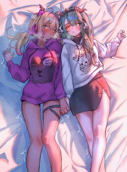  2girls absurdres after_kiss animal_ears bird black_skirt blonde_hair born_to_die_world_is_a_fuck_(meme) borzoii chicken colored_sclera cow_ears cow_horns crelly dark-skinned_female dark_skin green_hair grey_eyes grey_sclera highres holding_hands hood hoodie horns indie_virtual_youtuber kiss koko_d._nuts legs meme mole mole_on_thigh mole_under_mouth monkey_ears monkey_girl multiple_girls on_bed pink_hair pink_hoodie red_eyes saliva saliva_trail side_ponytail skirt thigh_strap thighs trembling twintails virtual_youtuber white_hoodie yuri 