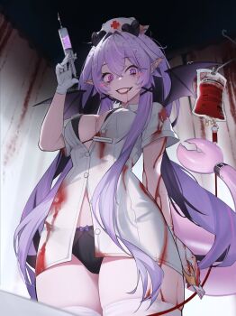  1girl bat_wings black_bra black_panties black_streaks blood blood_from_mouth blood_on_arm blood_on_clothes blood_on_gloves blush_stickers bow bow_panties boxcutter bra breasts bright_pupils cetacean_tail commentary cowboy_shot crazy_grin crazy_smile crossed_bangs double-parted_bangs double_bun ear_piercing english_commentary fins fish_tail from_below gloves grin hair_between_eyes hair_bun hair_ornament hair_sprinkles hand_up hat heart_hair_bun heterochromia highres holding holding_boxcutter holding_syringe indie_virtual_youtuber intravenous_drip large_breasts long_hair looking_at_viewer multicolored_hair name_tag narwhal_girl nurse nurse_cap panties piercing pink_eyes pointy_ears purple_eyes purple_hair second-party_source shirt smile solo sprinkle_hershy sprinkles stealcoffins streaked_hair syringe tail thighs underwear virtual_youtuber white_gloves white_hat white_pupils white_shirt wings x_hair_ornament 