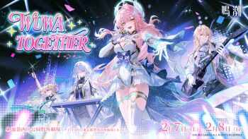  1boy 3girls :d aemeath_(wuthering_waves) arm_up blonde_hair breasts closed_mouth coat commentary_request dated dress gloves grey_hair grin guitar hair_between_eyes hair_ornament hair_over_one_eye headphones headphones_around_neck highres holding holding_microphone id_card instrument jacket leotard logo long_hair looking_at_viewer luuk_herssen_(wuthering_waves) lynae_(wuthering_waves) medium_breasts microphone mornye_(wuthering_waves) multiple_girls music official_art open_mouth pink_hair playing_guitar playing_instrument purple_dress red_eyes shirt showgirl_skirt singing skirt smile white_coat white_gloves white_jacket white_leotard white_shirt white_skirt wuthering_waves 