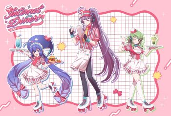  1boy 2girls :d ;p ahoge alternate_costume apron arm_up black_gloves black_pants blue_choker blue_eyes blue_hair blue_hat blue_shirt blue_skirt blue_wrist_cuffs border bow bow_choker braid breasts burger cherry choker cleavage cocktail collared_shirt commentary_request eel_hat expressionless fingerless_gloves food french_fries frilled_skirt frilled_sleeves frilled_wrist_cuffs frills fruit full_body gloves goblet_glass green_hair grid_background gumi hair_between_eyes hair_bow hat headset high_ponytail highres holding holding_spoon holding_tray ice_cream ice_cream_float kamui_gakupo kneehighs lapels leg_up long_hair long_sidelocks low-braided_long_hair low-tied_long_hair maid_headdress margarita_glass medium_hair midriff miniskirt multiple_girls multiple_hair_bows necktie norikkonori one_eye_closed open_mouth otomachi_una otomachi_una_(sugar) outside_border pants pillbox_hat pink_background pink_border pink_bow pink_shirt pink_skirt pink_trim pink_visor pink_wrist_cuffs ponytail puffy_short_sleeves puffy_sleeves purple_hair ribbon-trimmed_headwear ribbon_trim roller_skates shirt short_sleeves sidelocks skates skirt smile socks spoon standing standing_on_one_leg striped_clothes striped_shirt striped_skirt tongue tongue_out tray twin_braids two-tone_shirt vertical-striped_clothes vertical-striped_shirt vertical-striped_skirt very_long_hair visor_cap vocaloid waist_apron waist_bow waiter waitress white_apron white_hat white_shirt white_socks wrist_cuffs yellow_necktie 