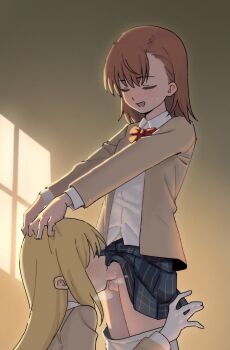 1futa 1girl blazer blonde_hair bow bowtie brown_hair brown_jacket closed_eyes clothes_lift collared_shirt deepthroat fellatio futa_with_female futanari hands_on_another's_head head_grab highres indoors irrumatio jacket loli long_hair long_sleeves misaka_mikoto open_mouth oral penis plaid_clothes plaid_skirt pleated_skirt red_bow red_bowtie school_uniform shirt shokuhou_misaki skirt skirt_lift sleepy_frippy testicles toaru_kagaku_no_railgun toaru_majutsu_no_index tokiwadai_school_uniform uncensored white_shirt rating:Explicit score:935 user:danbooru