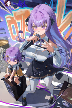 2girls absurdres black_skirt drum highres instrument microphone mother_and_daughter multiple_girls otsuka_ray purple_hair skirt 