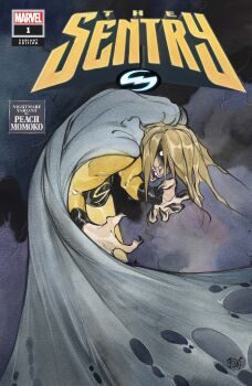  1boy absurdres artist_name blonde_hair blue_background blue_cape bodysuit cape character_name comic_cover company_name copyright_logo copyright_name cover fingernails highres horror_(theme) hunched_over logo long_hair looking_at_viewer male_focus marvel muscular muscular_male no_pupils official_art open_mouth partially_shaded_face peach_momoko sentry_(marvel) sharp_fingernails signature solo superhero_costume teeth torn_cape torn_clothes yellow_bodysuit 