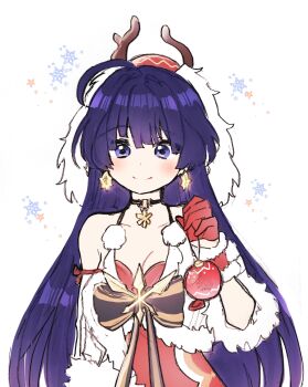  1girl 5rwpvc antlers breasts christmas_ornaments cleavage deer_antlers dress earrings fake_antlers gloves highres holding honkai_(series) honkai_impact_3rd horns jewelry large_breasts long_hair looking_at_viewer purple_eyes purple_hair raiden_mei red_dress red_gloves simple_background smile snowflake_background solo very_long_hair white_background 