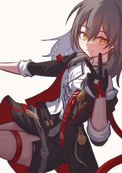  1girl black_gloves black_jacket black_skirt chinese_clothes closed_mouth commentary_request cowboy_shot gloves grey_hair hair_between_eyes hand_up highres honkai:_star_rail honkai_(series) jacket long_hair looking_at_viewer official_alternate_costume shirataki614 shirt simple_background skirt smile solo stelle_(honkai:_star_rail) stelle_(vim_and_vigor)_(honkai:_star_rail) thigh_strap trailblazer_(honkai:_star_rail) v white_background white_shirt yellow_eyes 