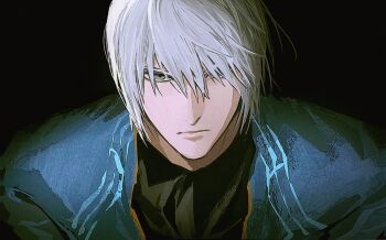  1boy black_background black_shirt blue_eyes blue_jacket closed_mouth commentary_request devil_may_cry devil_may_cry_(series) devil_may_cry_3 jacket korean_commentary looking_at_viewer male_focus open_clothes open_jacket psomuq shirt simple_background solo upper_body vergil_(devil_may_cry) white_hair 