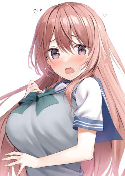 1girl blush breast_hold breast_suppress breasts brown_hair highres inui_shinju large_breasts long_hair looking_at_viewer magenta_eyes oryo_(oryo04) purple_eyes ribbon school_uniform short_sleeves simple_background solo sono_bisque_doll_wa_koi_wo_suru very_long_hair white_background rating:Sensitive score:53 user:vangadi