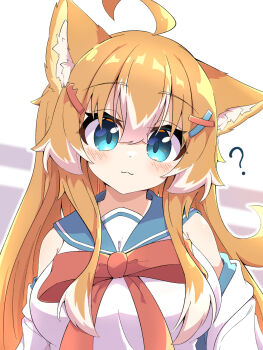  1girl :3 ? ahoge animal_ear_fluff animal_ears aqua_eyes blue_sailor_collar bow bowtie breasts hair_between_eyes hair_ornament hairclip head_tilt highres jacket jacket_partially_removed large_breasts light_blush long_hair looking_at_viewer multicolored_hair open_clothes open_jacket orange_hair original red_bow red_bowtie sailor_collar shirt sidelocks sleeveless sleeveless_shirt smile solo tail toramaru2001710 two-tone_hair upper_body very_long_hair white_background white_hair white_jacket white_shirt x_hair_ornament 
