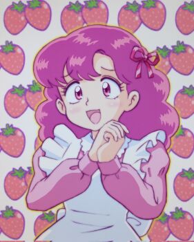  1girl apron commentary_request frilled_apron frills fruit_background hair_ribbon hands_up highres medium_hair mizutani_kenta open_mouth own_hands_clasped own_hands_together pink_eyes pink_hair pink_ribbon pink_shirt puffy_sleeves raised_inner_eyebrows ran_(urusei_yatsura) ribbon shirt smile solo strawberry_background upper_body urusei_yatsura white_apron 