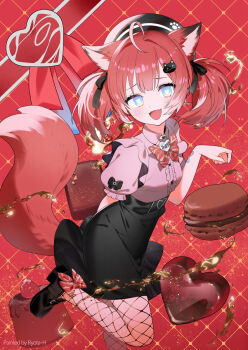 1girl akami_karubi animal_ears artist_name black_ribbon black_shoes black_skirt blue_eyes blush crazy_raccoon fangs fishnet_pantyhose fishnets hair_ribbon hat heart heart-shaped_pupils highres looking_at_viewer open_mouth pantyhose red_hair red_tail ribbon ryota-h shoes short_sleeves skirt solo symbol-shaped_pupils tail virtual_youtuber  rating:General score:1 user:dbdbqpqp