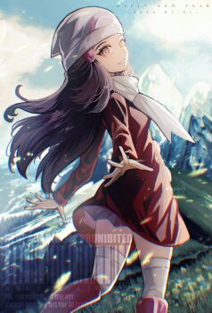  1girl beanie black_hair boots breasts coat commentary_request dawn_(pokemon) grey_eyes hair_ornament hairclip hat highres kagi0487_(weiss_9610) long_hair long_sleeves nintendo open_mouth outdoors pink_boots poke_ball_print pokemon pokemon_dppt pokemon_platinum red_coat scarf smile solo thighhighs white_hat white_scarf white_thighhighs 