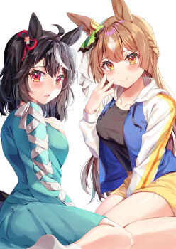  2girls absurdres ahoge animal_ears black_hair blush braid breasts brown_hair casual closed_mouth collarbone commentary_request cosplay costume_switch cross-laced_clothes cross-laced_sleeves double-parted_bangs dress ear_ornament green_dress hair_between_eyes half_up_braid highres hood hooded_jacket horse_ears horse_girl horse_tail jacket kitasan_black_(casual)_(umamusume) kitasan_black_(umamusume) kitasan_black_(umamusume)_(cosplay) large_breasts long_hair long_sleeves looking_at_viewer multicolored_hair multiple_girls open_clothes open_jacket open_mouth red_eyes satono_diamond_(casual)_(umamusume) satono_diamond_(umamusume) satono_diamond_(umamusume)_(cosplay) shirt short_hair shorts smile streaked_hair tail umamusume white_hair white_streaks yellow_shorts yoru_usagi 