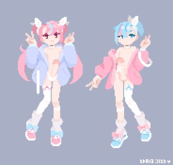  2futa bare_shoulders blue_bow blue_eyes blue_hair blue_jacket blue_shoes bow commentary double_bun double_v erection flat_chest footwear_bow full_body futanari grey_background hair_bun hair_ribbon hand_up hands_up highres jacket large_penis loli long_hair long_sleeves looking_at_viewer multicolored_hair multiple_futa navel nipples off_shoulder original panties penis penis_in_panties penis_ribbon pink_bow pink_eyes pink_hair pink_jacket pink_shoes pixel_art puffy_long_sleeves puffy_sleeves ribbon shoes short_hair short_side_ponytail simple_background single_bare_leg single_thighhigh smile star-kiss streaked_hair testicles thighhighs twintails two-tone_hair underwear v very_long_hair white_panties white_ribbon white_thighhighs 