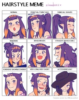  1girl :o adjusting_clothes adjusting_headwear alternate_hair_length alternate_hairstyle artist_name bare_shoulders black_gloves black_hat blonde_hair blunt_bangs braid choker closed_mouth collarbone commentary drawing_tablet english_commentary english_text eyelashes fang flying_sweatdrops forehead from_side gloves gradient_hair hair_bun hand_on_own_chest hat headpiece heart highres holding holding_stylus hololive hololive_english long_hair mole mole_under_eye multicolored_hair multiple_views nervous ninomae_ina'nis one_eye_covered open_mouth pointy_ears ponytail portrait purple_choker purple_eyes purple_hair purple_ribbon ribbon short_hair short_hair_with_long_locks sidelocks simple_background single_hair_bun skin_fang stylus sweatdrop tentacle_hair twin_braids twintails undercut v-shaped_eyebrows very_short_hair virtual_youtuber wavy_hair white_background wide_brim zinnabuns 