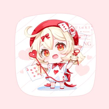  1girl ace_(playing_card) ace_of_hearts ahoge blonde_hair blush border bow bowtie card chibi chibi_only commentary_request diagonal-striped_background double-parted_bangs dress full_body genshin_impact hair_bow hat heart heart_wand holding holding_wand klee_(genshin_impact) looking_at_viewer low_twintails medium_hair open_mouth pink_border playing_card pointy_ears red_bow red_bowtie red_eyes red_hat red_shoes shoes short_sleeves sidelocks six_of_hearts socks solo standing striped_background twintails wand watermark white_background white_dress white_socks yutukicom 