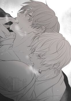  2boys absurdres biting_shoulder collared_shirt commentary_request crying daut_barret earrings finger_in_another's_mouth greyscale highres implied_sex jewelry knata09660180 lance_crown male_focus mashle monochrome multiple_boys open_mouth planet_earrings sex sex_from_behind shirt short_hair sideways sweat tears watermark white_background yaoi 