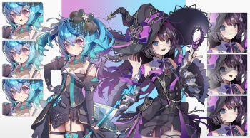  0_o_s_k 2girls :d :q bare_shoulders black_dress black_gloves black_hair black_hat black_thighhighs blue_eyes blue_hair bow bowtie closed_mouth commentary commission cowboy_shot detached_sleeves double-parted_bangs dress elbow_gloves frown gloves hair_between_eyes hand_on_own_hip hat highres looking_at_viewer multiple_girls multiple_views open_mouth original purple_bow purple_bowtie red_eyes shaded_face short_dress short_hair short_sleeves sleeveless sleeveless_dress smile thighhighs tongue tongue_out twintails wide_sleeves witch_hat 