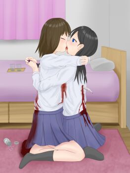  2girls bed bedroom black_hair blood blood_from_mouth blood_on_clothes blue_eyes brown_hair closed_eyes couple curtains drugs ero_guro glass guro highres hug impaled indoors kiss multiple_girls no_shoes original pill pill_bottle pillow school_uniform skirt socks suicide sword tears tray weapon wooden_floor yuri  rating:Explicit score:42 user:robblu