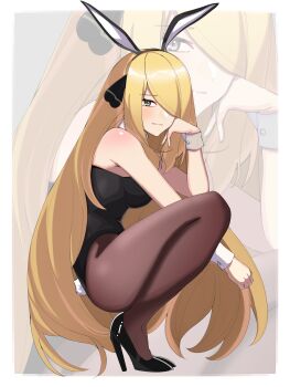  1girl absurdres alternate_costume animal_ear_hairband animal_ears armpit_crease black_leotard blonde_hair border breasts brown_pantyhose cynthia_(pokemon) elbow_rest fake_animal_ears full_body grey_eyes hairband high_heels highres leotard medium_breasts nintendo pantyhose playboy_bunny pokemon pokemon_dppt rabbit_ear_hairband rabbit_ears rabbit_tail shifatur17 solo squatting tail white_border wrist_cuffs zoom_layer 