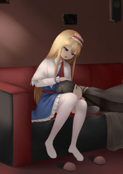  1boy 1girl age_difference alice_margatroid blonde_hair blue_dress blue_eyes blush capelet closed_eyes closed_mouth commentary_request couch doge_(jkdoge) dress frilled_hairband frills hairband headpat highres indoors lap_pillow lolita_hairband long_sleeves on_couch onee-shota open_mouth original pantyhose red_hairband shota sitting sleeping slippers smile touhou under_covers white_capelet white_pantyhose 