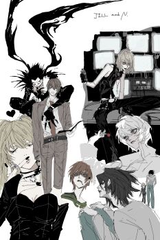  1girl 6+boys absurdres amane_misa arm_around_shoulder bare_shoulders belt black_choker black_hair black_nails black_pantyhose black_skirt black_vest blackvelox blonde_hair blue_pants breasts bridal_gauntlets brown_hair brown_jacket brown_pants brown_suit candy child choker cigarette cleavage closed_mouth collarbone collared_shirt cowboy_shot cropped_legs cross cross_necklace crt death_note detached_sleeves detonator food formal_clothes goggles hair_between_eyes hair_ornament highres holding holding_candy holding_food hug hug_from_behind jacket jewelry l_(death_note) long_hair matt_(death_note) medium_breasts medium_hair midriff_peek monitor monster multiple_boys nail_polish near_(death_note) necklace pants pantyhose ryuk shinigami shirt short_hair sitting skirt skull_hair_ornament smoking suit upper_body vest white_eyes white_hair white_shirt wings yagami_light 