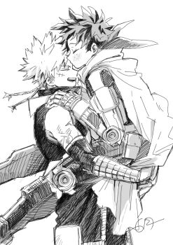  2boys bakugou_katsuki blush boku_no_hero_academia cape carrying carrying_person closed_mouth collared_shirt commentary_request facial_scar feet_out_of_frame freckles gloves greyscale highres kiss kissing_forehead male_focus midoriya_izuku monochrome multiple_boys ro_ku91 scar scar_on_cheek scar_on_face shirt signature simple_background sleeveless sleeveless_shirt superhero_costume white_background yaoi 