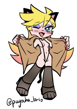 1girl animal_ears areola_slip artist_name bikini black_bikini black_thighhighs blonde_hair blue_eyes blush breasts cat_bell cat_ears cat_tail collar_bell exhibitionism eyelashes eyeshadow female_focus long_hair looking_at_viewer micro_bikini nail_polish navel neck_bell one_eye_closed open_mouth panty_&amp;_stocking_with_garterbelt panty_(psg) public_indecency purple_eyeshadow puyocha red_nails slingshot_swimsuit small_breasts solo standing swimsuit tail thighhighs tongue white_background wink