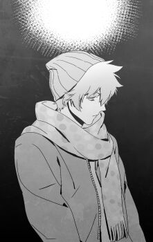  1boy beanie closed_mouth commentary_request expressionless greyscale hat highres hiyori_sou jacket kimi_ga_shine long_sleeves looking_down male_focus monochrome peonrin sad scarf short_hair solo 