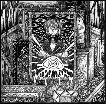  abstract ange_katrina ange_katrina_(1st_costume) border closed_mouth commentary_request covered_eyes crosshatching disembodied_eye dripping greyscale hair_intakes hair_ornament hair_over_eyes hatching_(texture) highres linear_hatching mandragora medium_hair monochrome nijisanji painting_(object) picture_frame sebastian_piyodore shou-star smile triangle_hair_ornament virtual_youtuber 