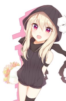  1girl :d arm_wrap arms_behind_back black_scarf blonde_hair blush bouquet commentary_request cowboy_shot dress fate/kaleid_liner_prisma_illya fate_(series) flower hair_between_eyes holding holding_behind_back holding_bouquet hood hood_up hooded_dress illyasviel_von_einzbern illyasviel_von_einzbern_(assassin_install) leg_wrap long_hair looking_at_viewer mask mask_on_head meuneyu open_mouth red_eyes ribbed_sweater scarf sidelocks simple_background smile solo standing sweater sweater_dress white_background 