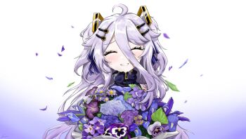 ahoge blue_flower bouquet closed_eyes commentary_request crying daisy_(flower) eyelashes falling_petals flower hair_between_eyes hair_ornament hair_ribbon hairclip henya_the_genius highres hydrangea indie_virtual_youtuber iris_(flower) lavenproto leaf morning_glory pansy petals purple_background purple_flower purple_hair purple_ribbon ribbon short_twintails smile streaming_tears tears twintails violet_(flower) virtual_youtuber white_background
