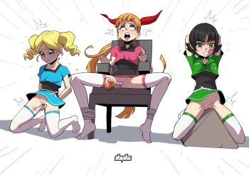  3girls absurdres arms_behind_back arms_behind_head artist_request bdsm black_hair blonde_hair blossom_(ppg) blush bondage bound breasts bubbles_(ppg) buttercup_(ppg) clenched_teeth drooling feet female_focus full_body fusionfall highres lip_biting loli multiple_girls no_shoes object_insertion open_mouth powerpuff_girls pussy restrained rolling_eyes saliva simple_background small_breasts teeth thighhighs tongue trembling upper_teeth_only vaginal vaginal_object_insertion white_legwear wooden_horse 