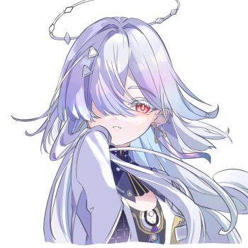  1girl colored_eyelashes commentary earrings grey_hair hair_ornament hair_over_one_eye halo highres jacket jewelry lancaolinyin long_hair looking_at_viewer mornye_(wuthering_waves) parted_lips red_eyes simple_background solo triangle_earrings upper_body white_background white_jacket wuthering_waves 