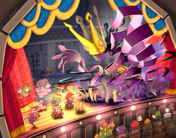  6+boys 6+girls admiral_bobbery arm_up audience battle beldam blonde_hair blooey_(paper_mario:_the_thousand_year_door) blue_hat blue_overalls bootler bow_(paper_mario) bowser breasts brown_shoes cameo closed_mouth commentary_request count_bleck crown curtains doopliss dress egg eye_mask facial_hair flavio floating flurrie gloves goombario goombella grey_hair hat helmet hiding highres holding holding_egg jolene_(paper_mario) jumping kammy_koopa koops looking_at_another luigi maribou_(supermaribou) marilyn_(paper_mario) mario mario_(series) mask mini-yoshi ms._mowz multiple_boys multiple_girls mustache nastasia newsboy_cap nintendo open_mouth overalls paper_bowser paper_luigi paper_mario paper_mario:_the_thousand-year_door paper_mario_(character) paper_mario_64 paper_peach peeking_out pink_hair pink_hat ponytail possessed prince_mush princess_peach professor_frankly purple_dress purple_hair red_hair red_hat red_shirt shadow_queen ship's_wheel shirt shoes sir_grodus smile solid_oval_eyes stage striped_clothes striped_headwear super_paper_mario tippi_(paper_mario) vivian_(paper_mario) watching whacka white_gloves white_hair white_hat witch_hat x-naut yellow_hat yoshi 