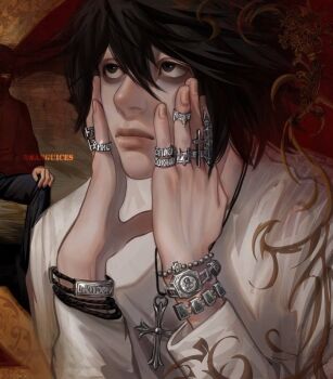  1boy bags_under_eyes black_eyes black_hair bracelet commentary cross cross_necklace death_note english_commentary hair_between_eyes hands_on_own_cheeks hands_on_own_face highres jewelry l_(death_note) lips male_focus multiple_rings necklace nose ring sanguices shirt short_hair solo twitter_username white_shirt 