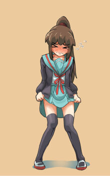  >_< 1girl black_cardigan black_jacket black_thighhighs blue_sailor_collar blue_skirt blush brown_background brown_hair cardigan closed_eyes closed_mouth clothes_lift commentary_request embarrassed full-face_blush full_body genderswap genderswap_(mtf) high_ponytail jacket kita_high_school_uniform kyonko long_hair long_sleeves looking_at_viewer miniskirt over-kneehighs pleated_skirt ponytail red_ribbon ribbon sadarann sailor_collar school_uniform serafuku shoes sidelocks simple_background skirt skirt_lift solo suzumiya_haruhi_no_yuuutsu thighhighs white_shoes winter_uniform 