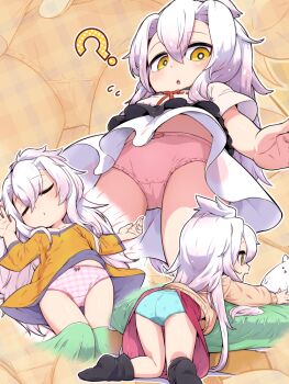 1girl all_fours ass black_socks blue_panties bow bow_panties brown_sweater closed_eyes clothes_lift commentary_request commission from_behind from_below grey_hair kneepits loli long_hair looking_down lying messy_hair multiple_views no_pants no_shoes on_back open_mouth orange_shirt original panties pantyshot pink_panties red_skirt shirt shirt_lift short_sleeves skeb_commission skirt skirt_lift sleeping socks striped_clothes striped_panties sweater thighs tokkyuu_mikan underwear upskirt white_shirt white_skirt yellow_background yellow_eyes zoom_layer rating:Sensitive score:115 user:danbooru