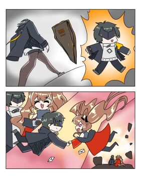  1boy 2girls absurdres angelina_(arknights) animal_ear_fluff animal_ears arknights arknights:_endfield black_hair black_jacket black_pants black_pantyhose black_shorts brown_hair commentary dankashu endministrator_(arknights) english_commentary eye_mask female_endministrator_(arknights) fox_ears fox_girl genderswap genderswap_(ftm) gilberta_(arknights) heart heart-shaped_eyes highres jacket long_hair male_endministrator_(arknights) mask multiple_girls open_mouth pants pantyhose red_jacket short_hair shorts sweater twintails white_sweater 