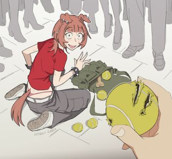  animal_ears armband artist_name bag ball belt blush bracelet brown_eyes brown_hair brown_tail cargo_pants commentary crop_top cropped_shirt crowd dog_ears dog_girl dog_tail dog_treat ear_piercing embarrassed english_commentary eyebrow_piercing face_piercing fangs grey_pants highleg highleg_panties highres hitsuji_(hitsujigoods) holding jewelry mitsu_(hitsujigoods) multiple_bracelets nervous_sweating on_floor original panties pants panty_peek piercing pink_panties red_hair red_shirt shirt shoes shoulder_bag spiked_bracelet spikes surprised sweat t-shirt tail tennis_ball underwear white_belt white_shoes 