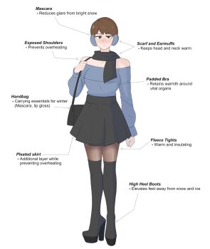  1boy bag black_scarf black_skirt boots brown_eyes brown_hair earmuffs handbag high_heel_boots high_heels looking_at_viewer male_focus off-shoulder_sweater off_shoulder pantyhose pleated_skirt scarf sealguy skirt sweater white_background 