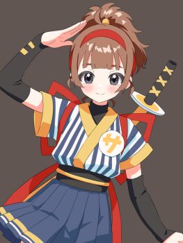  1girl badge black_background black_eyes black_sleeves blue_shirt blue_skirt brown_hair button_badge closed_mouth commentary cowboy_shot detached_sleeves hairband highres imadake_dabuchi_tabemi japanese_clothes katana looking_at_viewer mcdonald's miniskirt pleated_skirt ponytail red_hairband salute samurai_tamago_tabemi shirt short_hair short_ponytail short_sleeves skirt smile solo standing striped_clothes striped_shirt sword tasuki undershirt vertical-striped_clothes vertical-striped_shirt weapon weapon_on_back yokoshima_akunusu 