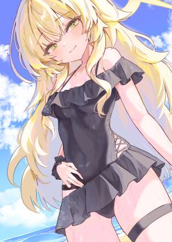  1girl absurdres black_one-piece_swimsuit blonde_hair blue_archive blue_sky casual_one-piece_swimsuit cloud cross-laced_clothes cross-laced_one-piece_swimsuit day dutch_angle halo hamu_(hvmzld123) highres long_hair one-piece_swimsuit outdoors professor_niyaniya_(blue_archive) sky smile solo swimsuit yellow_eyes yellow_halo 