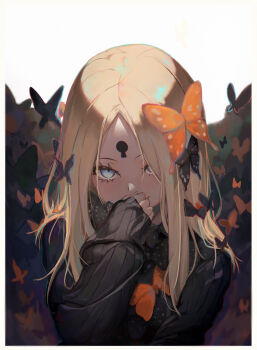  1girl abigail_williams_(fate) abigail_williams_(first_ascension)_(fate) absurdres black_bow black_dress blonde_hair blue_eyes blush bow breasts bug butterfly dress fate/grand_order fate_(series) forehead hair_bow highres insect keyhole koko_sasuwo long_hair long_sleeves looking_at_viewer orange_bow parted_bangs ribbed_dress sleeves_past_fingers sleeves_past_wrists small_breasts smile solo  rating:General score:29 user:danbooru